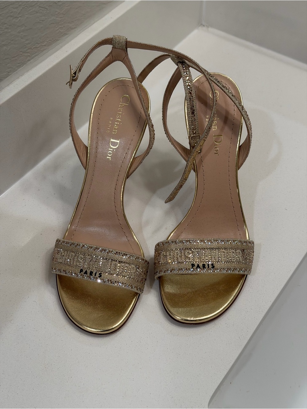 Dior Dway Heeled Sandal Gold-Tone Cotton Embroidered with Metallic  size 38
